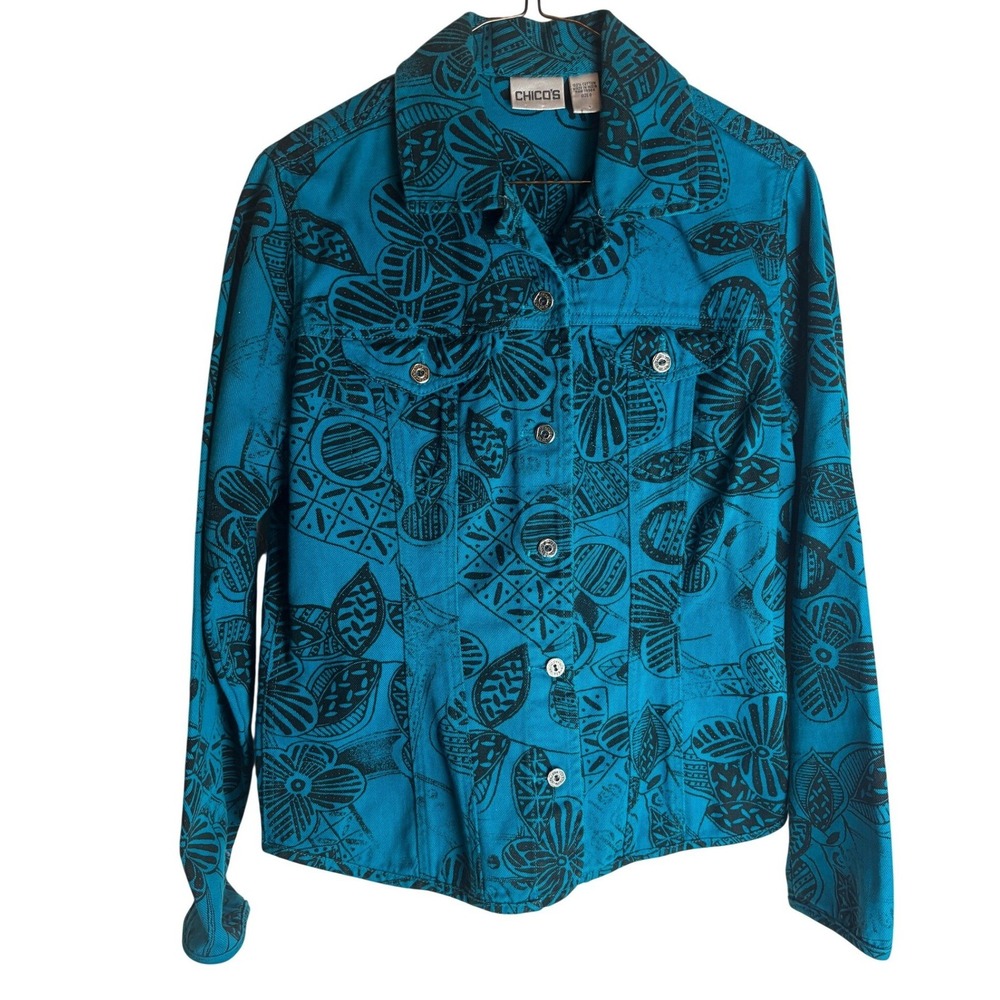 Chicos Teal Blue Black Floral Tribal Print Cotton Denim Trucker Jacket Size 0 S